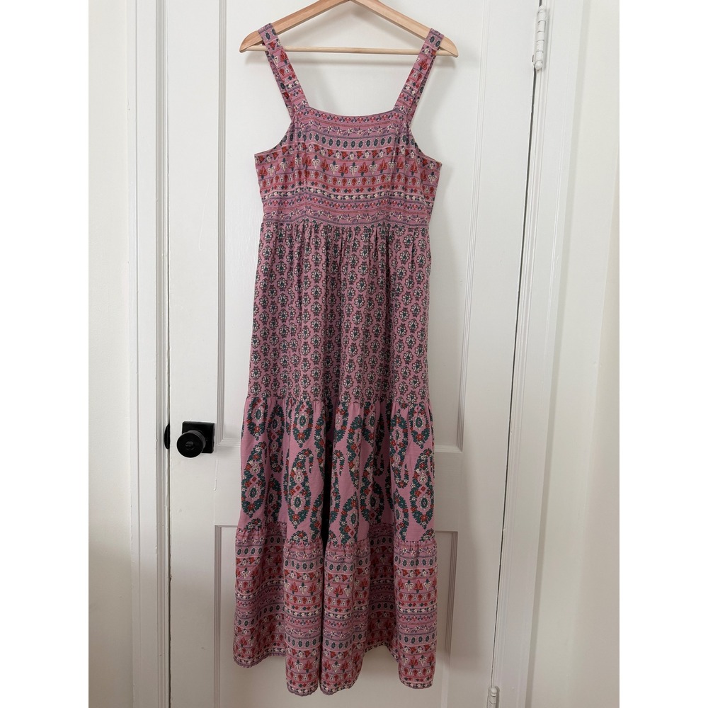 Knox Rose Pink Block Print Floral Tiered Maxi Dress Boho Size Small: cottagcore